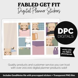 May include: Digital planner stickers with a "FABLED GET FIT" theme. The stickers feature cartoon Highland cows, a mug, a yoga mat, and other fitness-related graphics. The stickers are designed to work with any digital planning app.