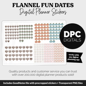 May include: Digital planner stickers with autumnal themes. The stickers feature numbers 1-31, acorns, pumpkins, and a variety of colors. The text "FLANNEL FUN DATES" and "DPC DIGITALS" is also included.