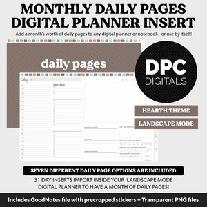 Puede incluir: Insertar planificador digital con páginas diarias, en un tema Hearth y modo horizontal. La inserción incluye inserciones de 31 días para planificadores digitales. La imagen muestra un diseño de página diaria de muestra.