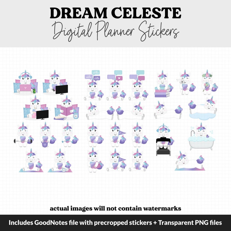 Stickers agenda numérique Dream Celeste la licorne GoodNotes, iPad et Android Mai, Printemps, Kawaii, Activités image 5