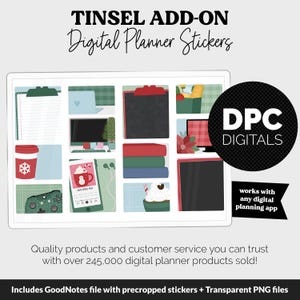 May include: Digital planner stickers with a holiday theme. The image features various digital stickers, including a coffee cup, a Christmas tree, and a cupcake. The text reads "Tinsel Add-On Digital Planner Stickers" and "DPC Digitals".