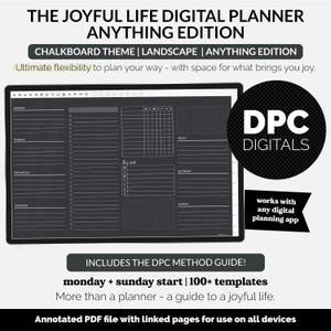 May include: A digital planner with a chalkboard theme in landscape orientation. The planner includes sections for each day of the week, a weekly calendar, and a section for notes. The planner is designed to be used with any digital planning app.