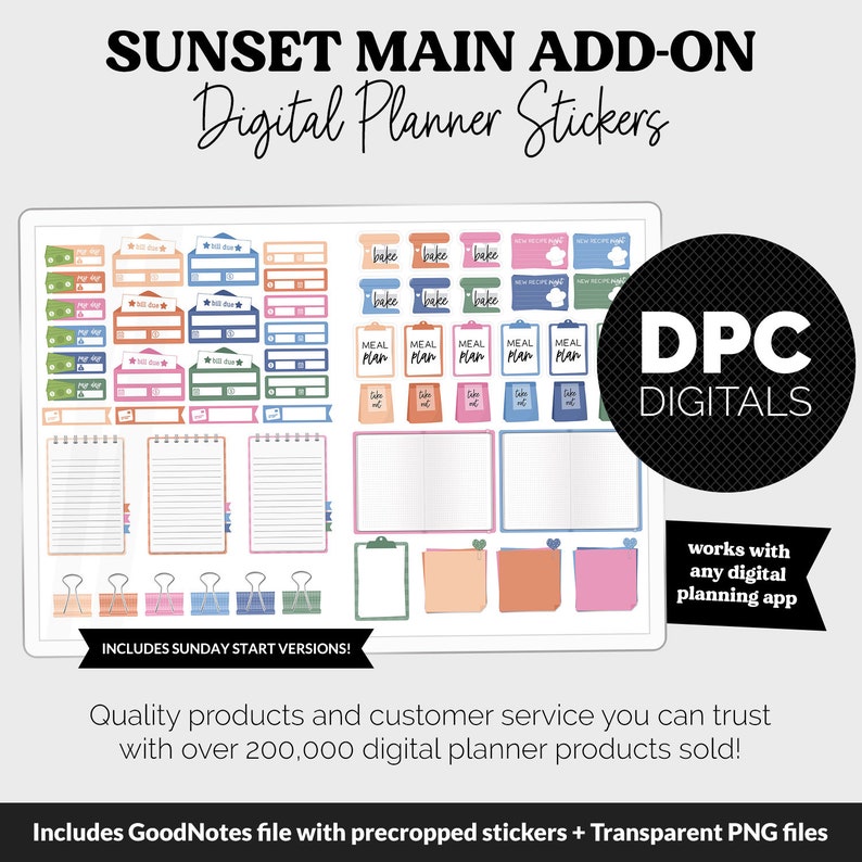 May include: Digital planner stickers with a sunset theme. The stickers include various shapes and sizes, such as boxes, notes, and meal planners. The stickers are in shades of orange, pink, blue, and green. The text "SUNSET MAIN ADD-ON" and "DPC DIGITALS" is visible in the image.