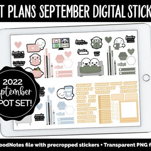 Könnte beinhalten: Digitales Sticker-Set für September 2022, angezeigt auf einem Tablet. Die Sticker umfassen verschiedene Formen, Text und Illustrationen, wie Herzen, einen Kürbis und eine Kaffeetasse. Der Text auf dem Tablet lautet "SPOT PLANS SEPTEMBER DIGITAL STICKERS".
