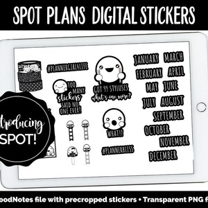 Könnte beinhalten: Ein digitales Planer-Sticker-Set mit Schwarzweiß-Illustrationen. Das Set enthält eine Vielzahl von Stickern, darunter ein Geist mit dem Text "Got 99 styluses, what's one more?" und ein Geist mit dem Text "What!?". Das Set enthält auch eine Vielzahl von Monatsstickern, darunter Januar, Februar, März, April, Mai, Juni, Juli, August, September, Oktober, November und Dezember. Das Set enthält auch einen Sticker mit dem Text "Too many stickers, said no one ever!" und einen Sticker mit dem Text "#PlannerGirlLife". Das Set enthält auch einen Sticker mit dem Text "#PlannerBliss".