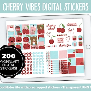 May include: A digital planner sticker sheet with 200 original art stickers featuring cherries, a bear, and the text "cherry vibes". The stickers are in red, pink, blue, and white.