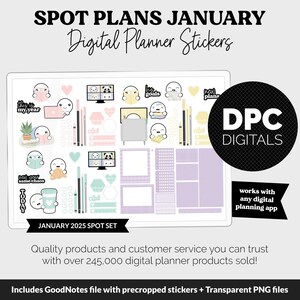 Könnte beinhalten: Digitale Planer-Aufkleber mit niedlichen Illustrationen, darunter Herzen, Pflanzen und Charaktere. Das Design zeigt eine Pastell-Farbpalette aus Lila, Rosa und Gelb. Der Text enthält "SPOT PLANS JANUARY" und "JANUARY 2025 SPOT SET".