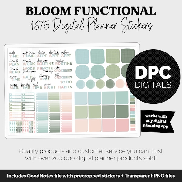 Bloom Functional Digital Sticker Set | GoodNotes, iPad & Android | Papers, Sticky Notes, Chores, Work, Adulting, Tasks, Dates