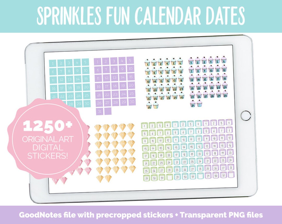 Sprinkles Fun Calendar Date Digital Stickers Goodnotes, iPad and
