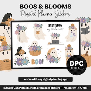 May include: A collection of digital planner stickers featuring ghosts decorated with colorful floral crowns. The set includes ghosts holding flowers, drinking from a mug, working on a laptop, and sitting in a pumpkin. Text reads BOOS & BLOOMS, HAUNTED BY my to-do list, and BOO!.