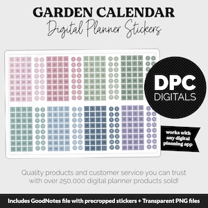 May include: Digital planner stickers with a garden calendar theme. The stickers are arranged in a grid format, with each sticker representing a day of the month. The color palette includes shades of pink, green, and gray. The image also includes the text "DPC DIGITALS".