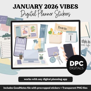 Op de afbeelding: Digitale planner stickers met de tekst "January 2026 Vibes". De afbeelding bevat stickers van een telefoon, laptop, kalender, eiwitreep en andere lifestyle-elementen. De tekst "works with any digital planning app" is ook opgenomen.
