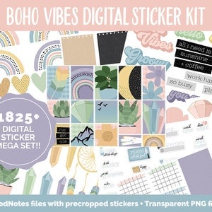 Boho Vibes Digital Sticker Mega Bundle | GoodNotes & iPad | August, Retro, Dreamcatcher, Feather, Papers, Crystals, Adulting, Tasks