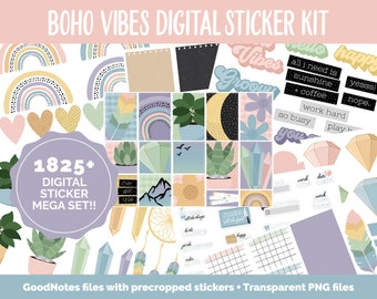 Boho Vibes Digital Sticker Mega Bundle | GoodNotes & iPad | August, Retro, Dreamcatcher, Feather, Papers, Crystals, Adulting, Tasks