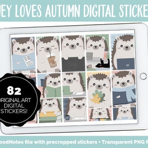 May include: A digital sticker set featuring 82 original illustrations of a cute hedgehog in various autumnal activities. The stickers are displayed on a tablet screen and include scenes like reading, drinking coffee, and working on a laptop. The text "HUEY LOVES AUTUMN DIGITAL STICKERS" and "82 ORIGINAL ART DIGITAL STICKERS!" are also visible.