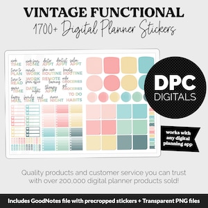 May include: A digital planner sticker set with over 1700 stickers in pastel colors. The stickers include various labels, such as "work from home", "date night", "mail time", and "to do". The stickers are designed to be used with any digital planner app. The text "DPC DIGITALS" is in a black circle in the upper right corner of the image.
