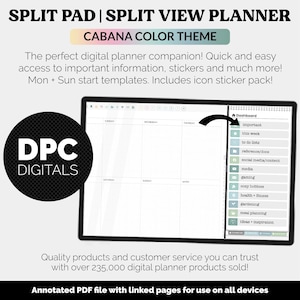 Puede incluir: Un planificador digital en una pantalla de tableta, con un diseño semanal y una barra lateral con varias categorías. El planificador se titula "Split Pad | Split View Planner" con un "Cabana Color Theme". Un círculo negro con "DPC DIGITALS" está a la izquierda.