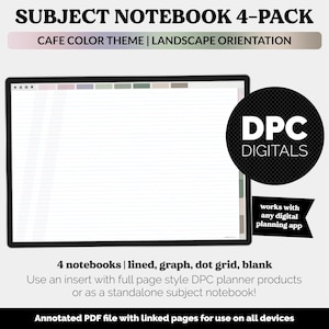 May include: A digital notebook 4-pack with a cafe color theme and landscape orientation. The notebook includes lined, graph, dot grid, and blank pages. The image also includes the text "DPC DIGITALS" and "works with any digital planning app."