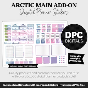 Op de afbeelding: Een set digitale planner stickers met een verscheidenheid aan stickers in roze, paars, blauw en groen. De stickers omvatten maaltijdplanning, takenlijsten en andere organisatorische elementen. De set bevat ook een GoodNotes-bestand met voorgeknipte stickers en transparante PNG-bestanden.