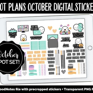 Può includere: Un set di adesivi digitali per planner per ottobre con una varietà di design carini e colorati. Gli adesivi includono frasi come "Feeling a little batty", "Work hard stay humble", "Keep calm and eat more candy", e "Official candy monster".