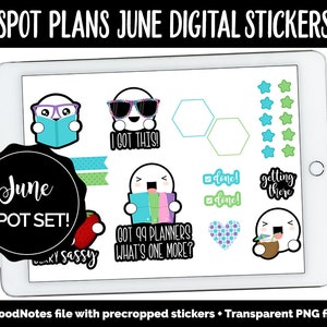 Könnte beinhalten: Ein digitaler Planer-Sticker-Set für Juni mit einer Vielzahl von niedlichen Illustrationen, darunter ein Charakter, der ein Buch liest, ein Charakter mit Sonnenbrille, ein Charakter mit einem Buch und einer Sprechblase, die "Ich hab's geschafft!" sagt, und ein Charakter mit einer Sprechblase, die "Ich habe 99 Planer, was ist noch einer?" sagt. Das Set enthält auch eine Erdbeere, ein Herz, einen Stern und ein Häkchen.