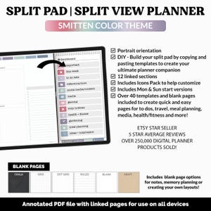 May include: Digital planner with a "Smitten Color Theme" and split view design. It includes over 40 templates and blank pages for to-dos, travel, and more. The planner offers portrait orientation, 12 linked sections, and customisable icons. Includes blank page options.