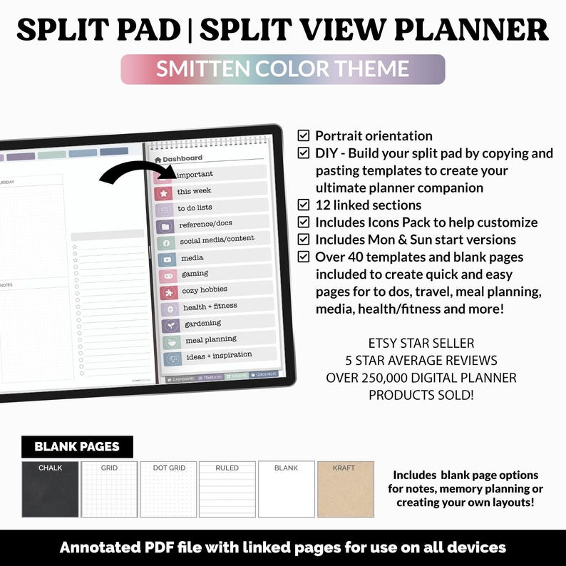 May include: Digital planner with a "Smitten Color Theme" and split view design. It includes over 40 templates and blank pages for to-dos, travel, and more. The planner offers portrait orientation, 12 linked sections, and customisable icons. Includes blank page options.