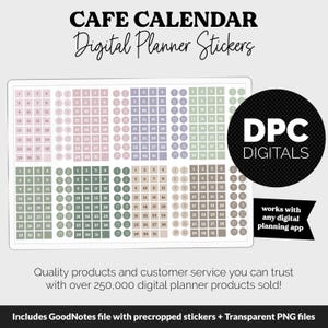 May include: Digital planner stickers with a cafe calendar theme. The image features various color-coded date stickers, a black circle with "DPC DIGITALS" text, and the text "works with any digital planning app."