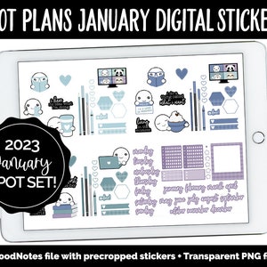 Könnte beinhalten: Ein digitaler Planer-Aufkleber-Set für Januar 2023 mit einem niedlichen Panda und anderen Illustrationen. Das Set enthält eine Vielzahl von Aufklebern, darunter Wochentage, Monate des Jahres und andere dekorative Elemente. Die Aufkleber sind in einem hellblauen und violetten Farbschema gestaltet.