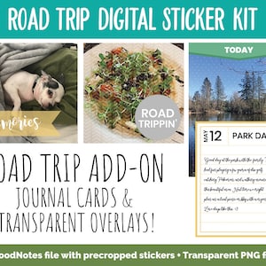 May include: A digital sticker kit for road trips with journal cards and transparent overlays. The kit includes stickers with phrases like "memories", "road trippin'" and "park day".