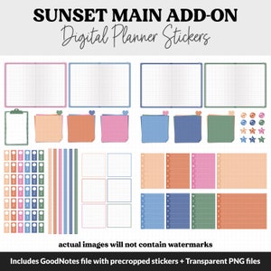 May include: Digital planner stickers in a sunset color scheme. The stickers include a variety of shapes and sizes, including notes, checklists, and weekly calendars. The stickers are designed to be used with GoodNotes.