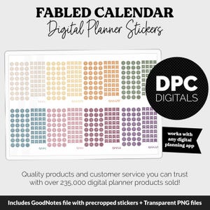 May include: Digital planner stickers in various colors, including peach, green, and purple. The stickers are arranged in rows and columns, with numbers and banner designs. The image includes the text "FABLED CALENDAR Digital Planner Stickers" and "DPC DIGITALS".