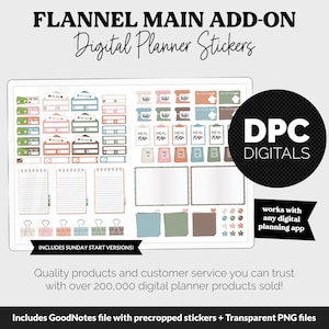 May include: A digital planner sticker set with a flannel theme. The stickers include various shapes and sizes, such as boxes, banners, and notes. The stickers are in a variety of colors, including brown, green, pink, and blue. The stickers are designed to be used with any digital planner app. The text "DPC DIGITALS" is in a circle in the upper right corner of the image. The text "INCLUDES SUNDAY START VERSIONS!" is in a banner at the bottom of the image.