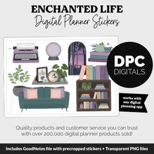 May include: A set of digital planner stickers featuring a whimsical cottagecore aesthetic. The stickers include a typewriter, a bookshelf, a couch, a window, a potted plant, and a magic ball. The text "ENCHANTED LIFE" and "DPC DIGITALS" is also included in the image.