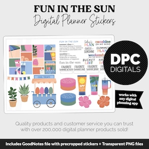 Puede incluir: Un conjunto de pegatinas digitales para planificadores con temática de verano. Las pegatinas presentan ilustraciones de una playa, helados, gafas de sol, un sol, un cubo, una lista y una bebida. También se incluye el texto "Fun in the Sun" y "DPC Digitals".