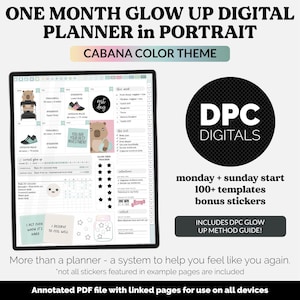 Agenda digitale mensile DPC Glow Up / Tema Cabana / Ritratto / GoodNotes, iPad e Android / Benessere, Fitness, Cura di sé, Bellezza, Salute