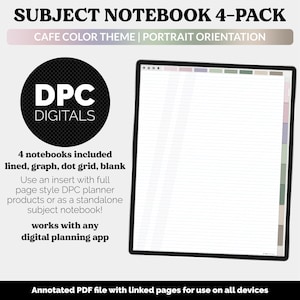 May include: Digital notebook pack with a cafe color theme. The image shows a digital notebook with lined, graph, dot grid, and blank pages. The notebook is designed for use with digital planning apps.