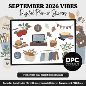 May include: A collection of digital planner stickers titled SEPTEMBER 2026 VIBES Digital Planner Stickers. The set includes illustrations of apples, a television, a burger, a muffin, a basket of pumpkins, clothing on a rack, and fall leaves.