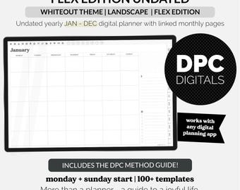 May include: A digital planner with a whiteout theme and landscape layout. The undated planner includes monthly pages, templates, and a guide. The DPC Digitals logo is visible. The planner is designed to work with any digital planning app.