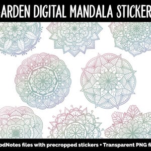 May include: Digital mandala stickers in various floral designs, with a gradient of colors including pink, green, and blue. The stickers are arranged on a white background. The text "GARDEN DIGITAL MANDALA STICKERS" is at the top.