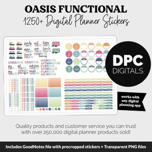 May include: A digital planner sticker set with the text "OASIS FUNCTIONAL 1250+ Digital Planner Stickers." The image shows various colorful stickers, including circles, rectangles, and word stickers. The stickers are designed to be used with any digital planning app.