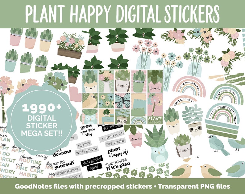 Plant Happy Digital Sticker Mega Bundle GoodNotes & iPad March, Growth, Floral, Spring, Goals, Tasks image 1