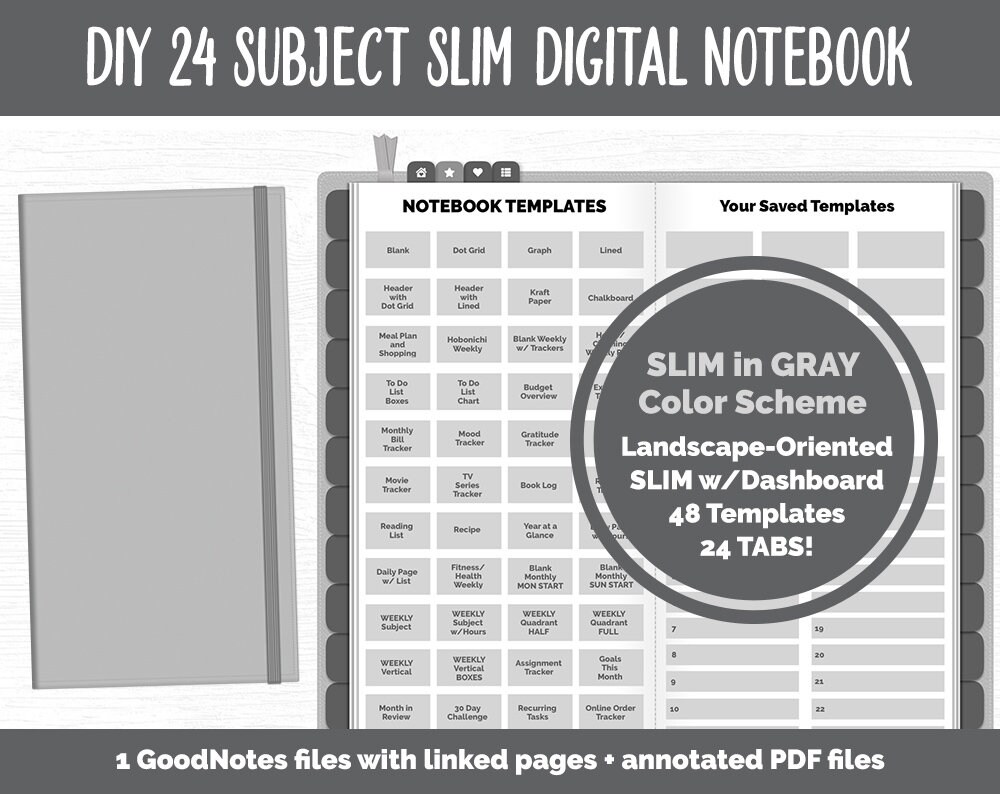 Slim DIY 24 Subject Digital Notebook  | Gray Theme | Goodnotes, iPad …
