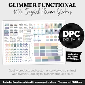 Op de afbeelding: Digitale planner stickers met de tekst "Glimmer Functional" en "1600+ Digital Planner Stickers". De afbeelding bevat verschillende stickers voor planning, taken en decoratie, met het "DPC DIGITALS" logo. De stickers zijn ontworpen om te werken met elke digitale planning app.