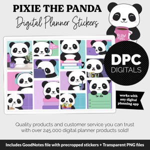 May include: Digital planner stickers featuring panda bear illustrations in various poses, with text that reads "Pixie the Panda" and "Digital Planner Stickers." The stickers include the text "Glow Fuel" and "I Can Do This."