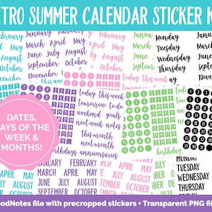 Puede incluir: Un conjunto de pegatinas de calendario de verano retro en rosa, verde y negro. Las pegatinas incluyen meses del año, días de la semana, números y frases como "hoy esta semana" y "objetivos de fin de semana". Las pegatinas están diseñadas para usar en un planificador o diario.