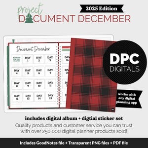 May include: Digital planner with a red and black plaid cover. The planner is labeled "Document December" and includes daily calendar pages. The image also features the text "2025 Edition" and "DPC DIGITALS".