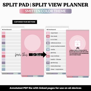 May include: A pink Split Pad Split View Planner with a Smitten Color Theme. The planner features customisable sections, including a dashboard, to-do lists, and more. Black and white icons are included for customisation.