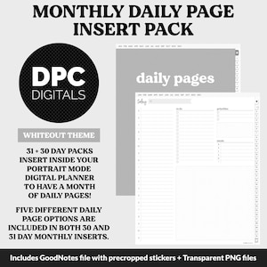 May include: A digital planner insert pack with a whiteout theme. The pack includes 31 and 30 day inserts for a digital planner in portrait mode. The image shows a sample daily page with sections for to-do, priorities, and notes.
