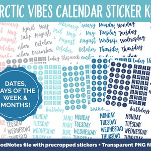 May include: Arctic Vibes Calendar Sticker Kit with precropped stickers and transparent PNG files. The kit includes stickers for months, days of the week, dates, and other calendar-related words. The stickers are in a blue and grey colour scheme.